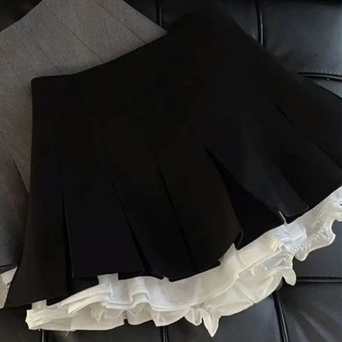 Mooyufon Ruffles Black Mini Skirt Women Korean Patchwork Pleated
