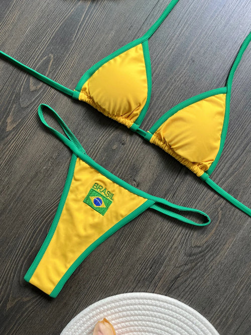 RUOTONSEPT Sexy Embroidery Brasil Flag Contrast Split Bikini Set Women