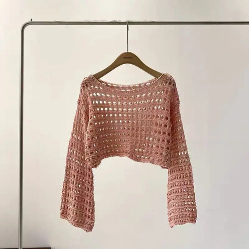 Long Sleeve Crochet Knit Top Summer Beach Bikini Cover Up Crop