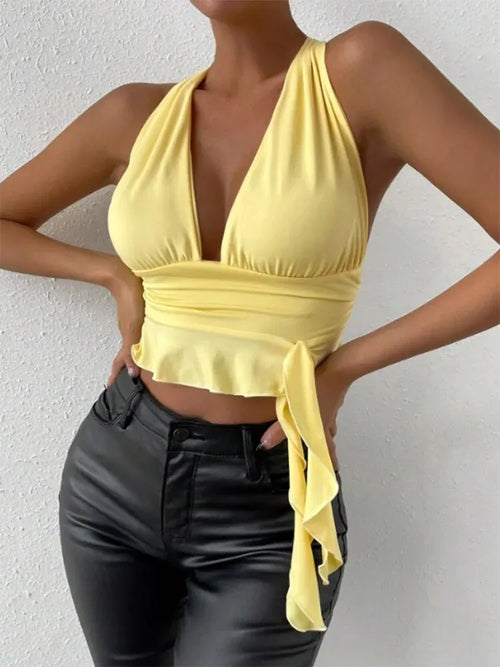 Women's Sexy Tight Fitting Deep V-neck Pleated Top Tight Fitting 2024