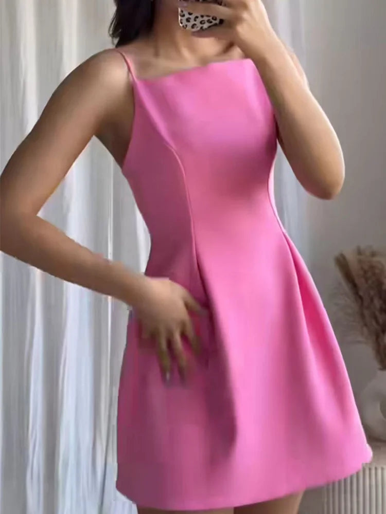 TFMLN Elegant Ladies Pink Spaghetti Strap Dress 2025 Summer New Simple