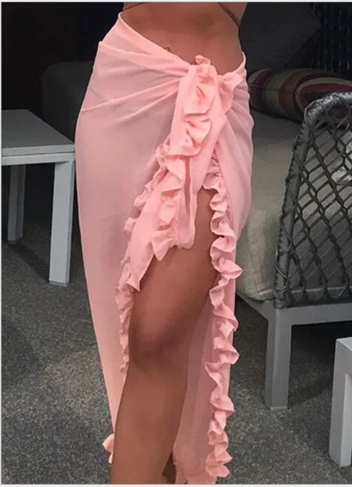 5 Colors Ruffle Sarong for Women 2024 Summer Solid Bikini Long Skirt