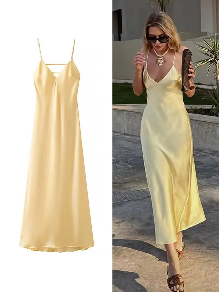 TRAFZA Women Summer Yellow Stain V Neck Sling Dress Elegant Sleeveless
