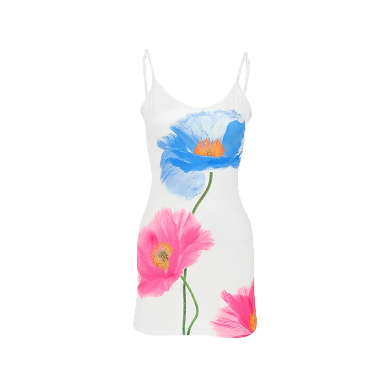 Sexy Mini Dress Women Summer New White Fashion O-Neck Streetwear Print