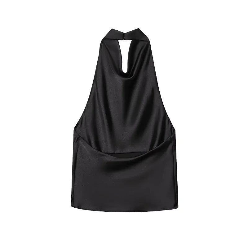 MUJER 2025 Halter Tops for Women Black Satin Backless Top Female Pink