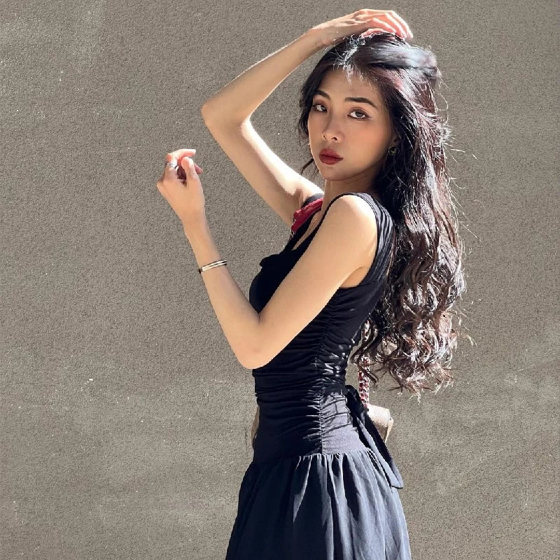 WhereMery Women Summer Party Long Dress Sexy Ruched Bodycon Black Maxi