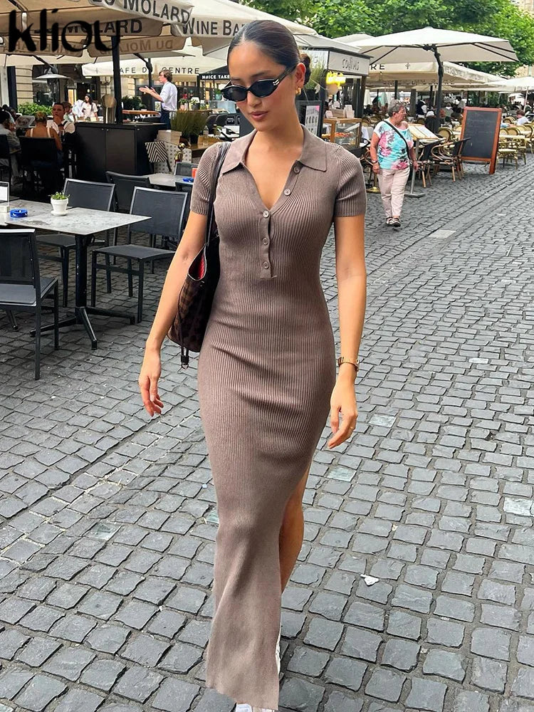 Kliou Elegant Office Lady Maxi Dress Women Solid Fashion Turn-down