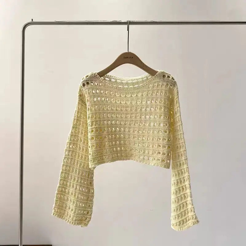 Long Sleeve Crochet Knit Top Summer Beach Bikini Cover Up Crop