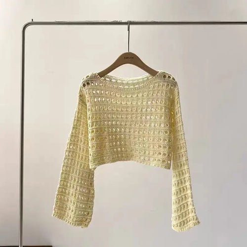 Long Sleeve Crochet Knit Top Summer Beach Bikini Cover Up Crop