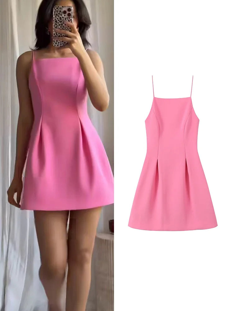 TFMLN Elegant Ladies Pink Spaghetti Strap Dress 2025 Summer New Simple
