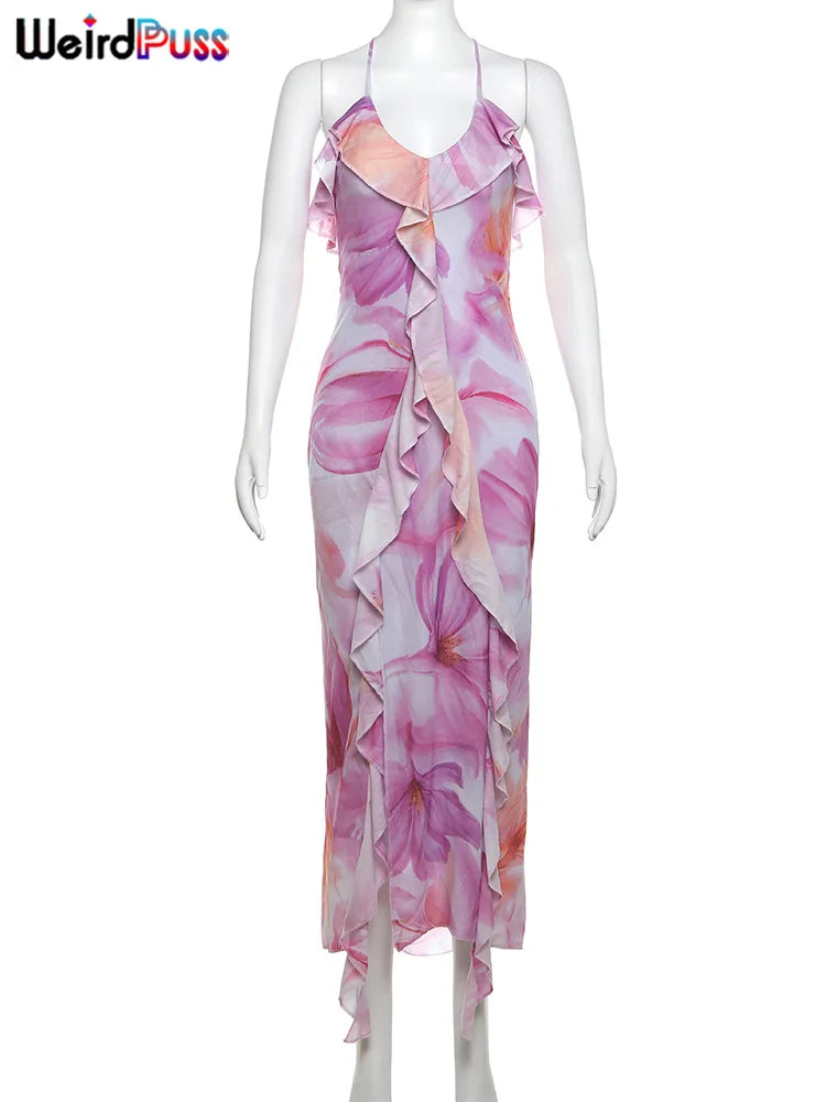 Weird Puss Flower Print Dress Woman Summer Strapless Splits Irregular