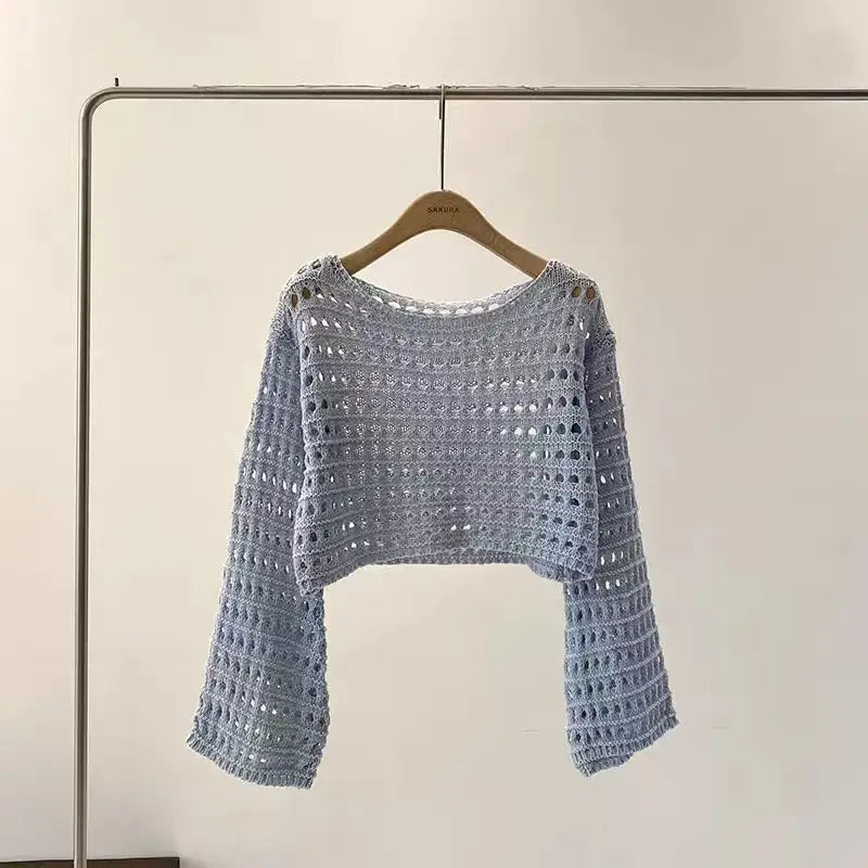 Long Sleeve Crochet Knit Top Summer Beach Bikini Cover Up Crop