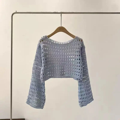 Long Sleeve Crochet Knit Top Summer Beach Bikini Cover Up Crop