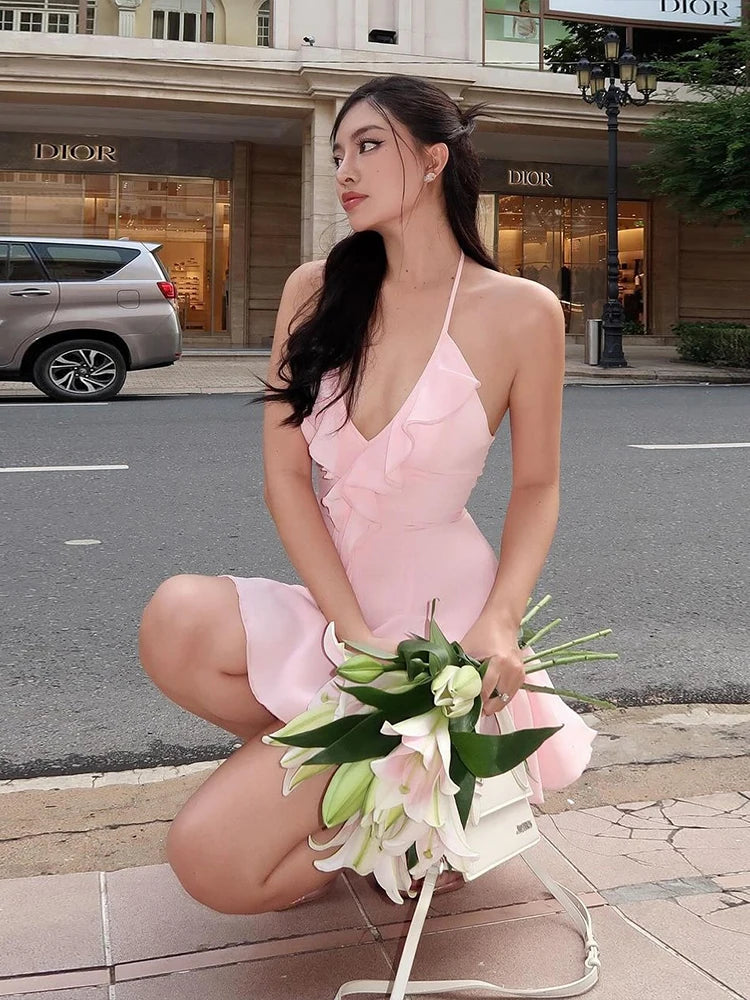 Nibber Halter Ruffles V-Neck Dress Women Backless Elegant Sexy Summer