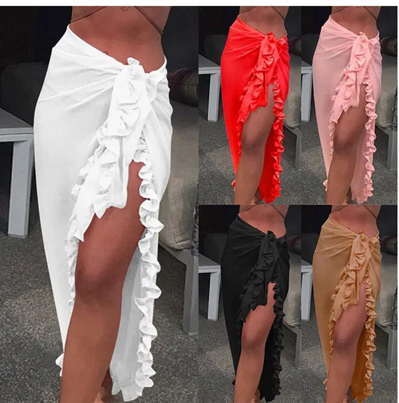 5 Colors Ruffle Sarong for Women 2024 Summer Solid Bikini Long Skirt