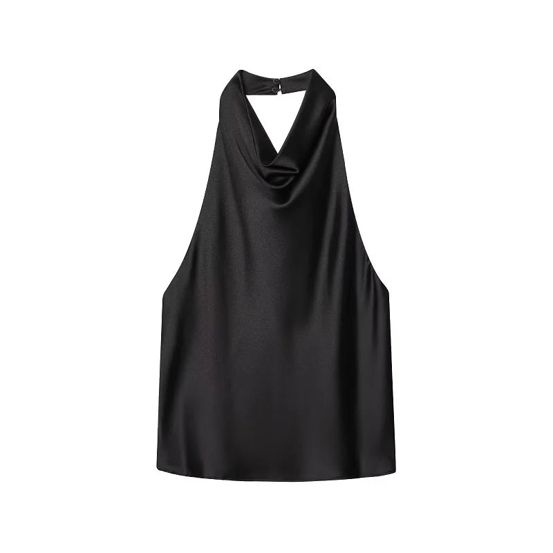 MUJER 2025 Halter Tops for Women Black Satin Backless Top Female Pink