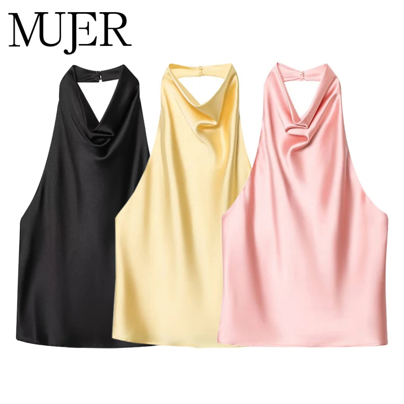MUJER 2025 Halter Tops for Women Black Satin Backless Top Female Pink