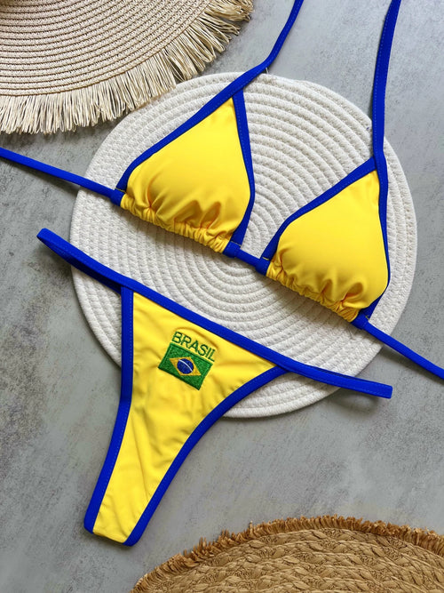 RUOTONSEPT Sexy Embroidery Brasil Flag Contrast Split Bikini Set Women