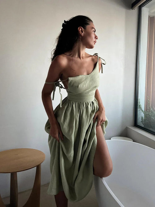 Bornladies Spring Summer Beach Style Women Dress Vintage Loose A-line