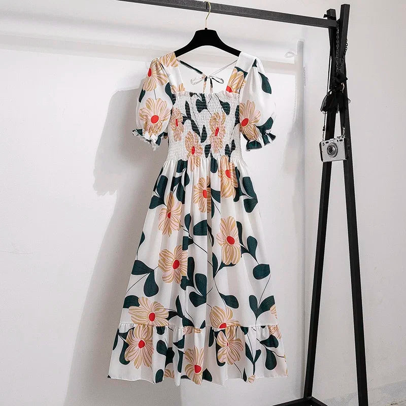 Spring Summer Chiffon Dresses Fashion Female Elastic Waist Short