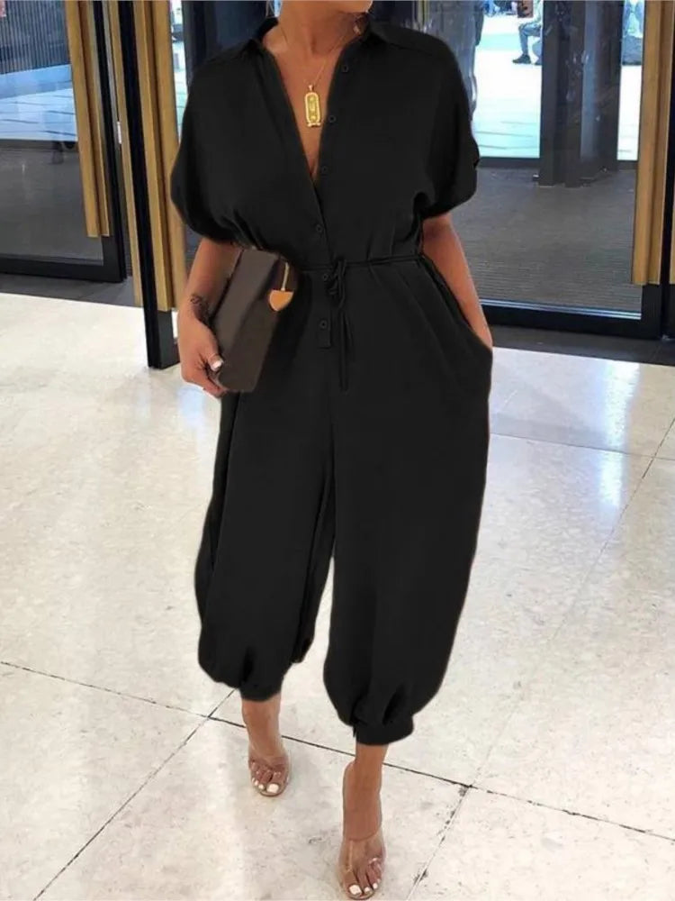 Summer Fashion V-Neck Button Lace-Up Jumpsuit Short Sleeve Loose