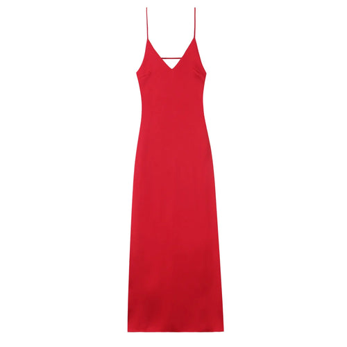 TRAFZA Women Summer Yellow Stain V Neck Sling Dress Elegant Sleeveless