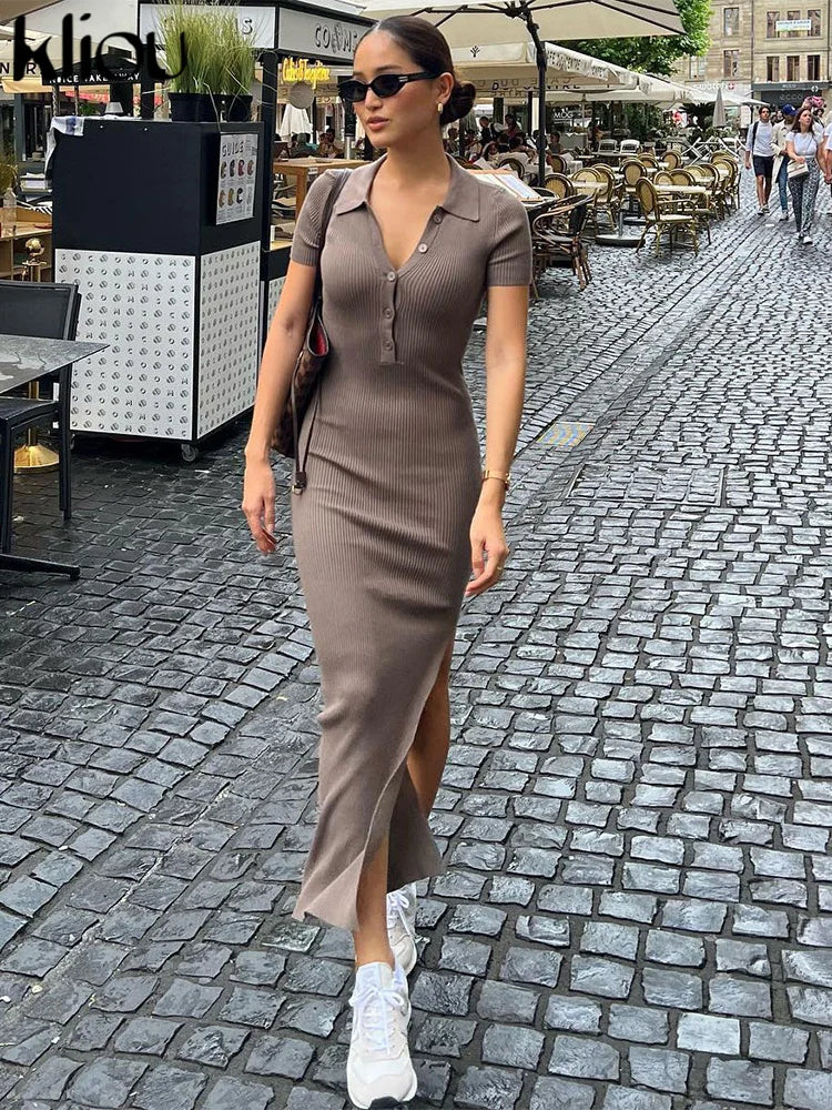 Kliou Elegant Office Lady Maxi Dress Women Solid Fashion Turn-down