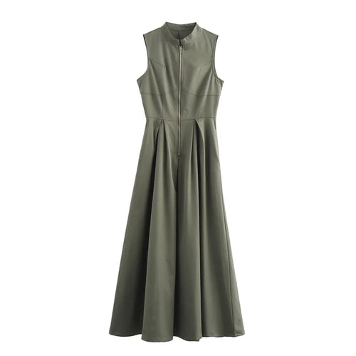 TRAF Zipper Long Dress Woman Pleated Sleeveless Bodycon Dress Summer