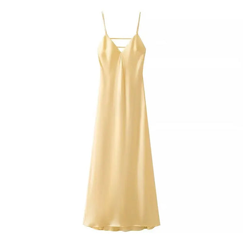 TRAFZA Women Summer Yellow Stain V Neck Sling Dress Elegant Sleeveless
