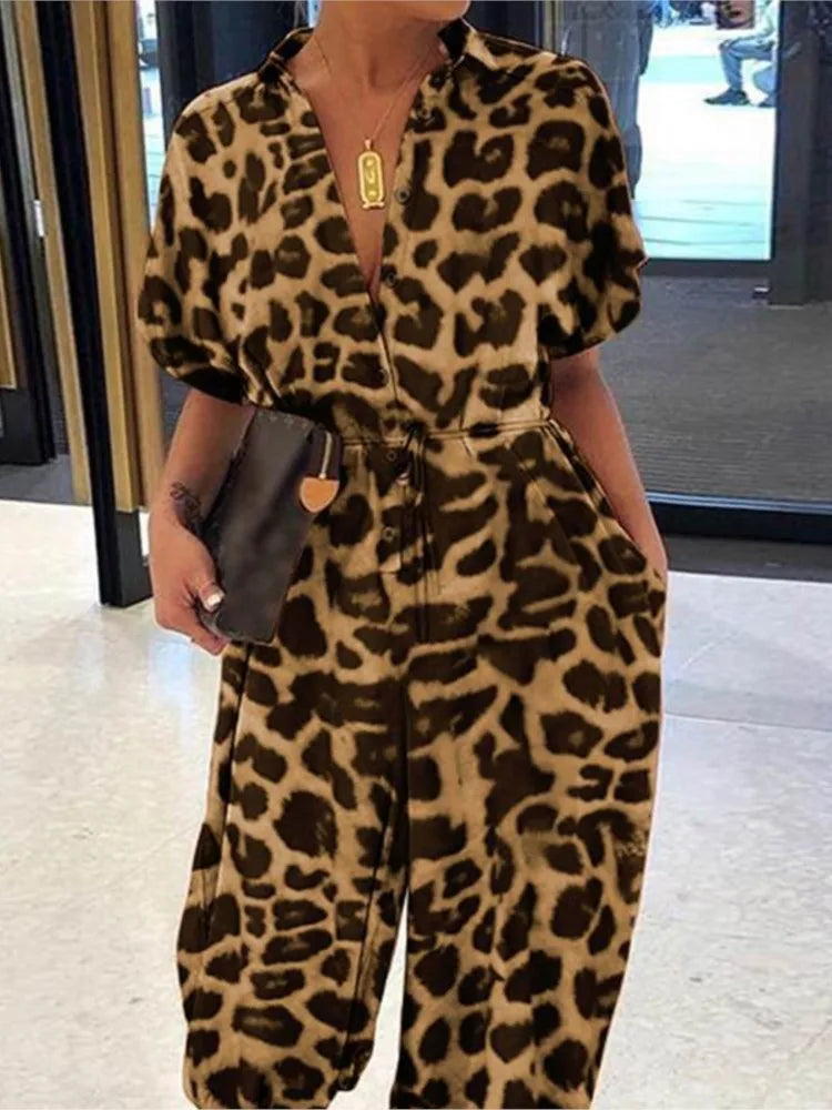 Summer Fashion V-Neck Button Lace-Up Jumpsuit Short Sleeve Loose