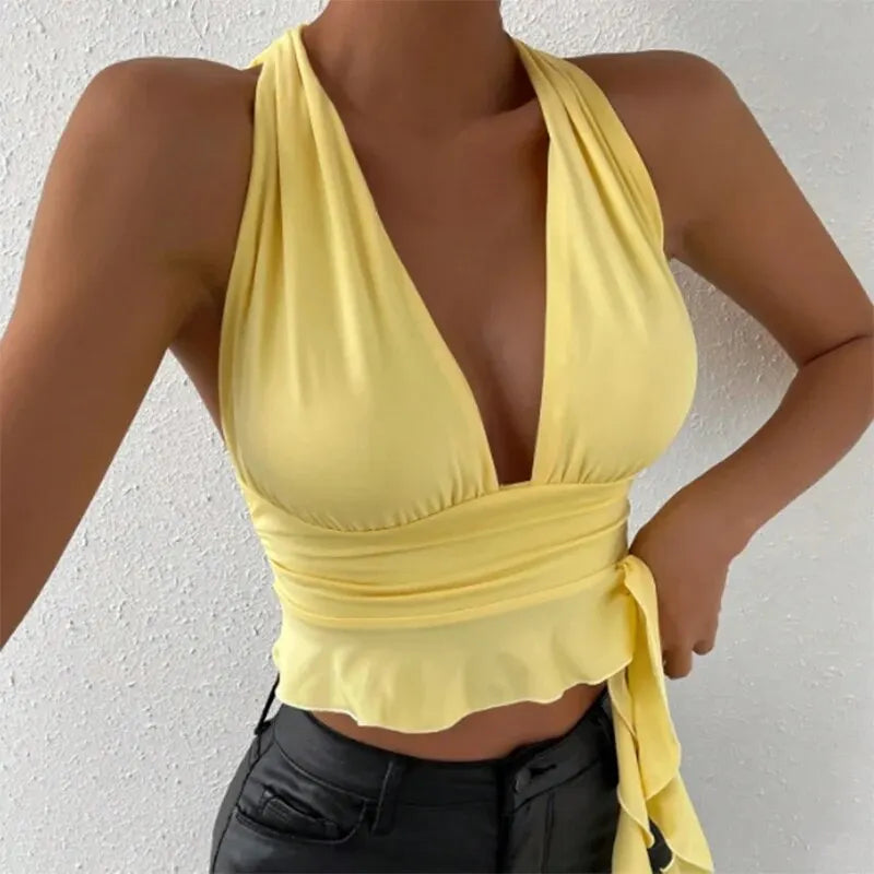 Women's Sexy Tight Fitting Deep V-neck Pleated Top Tight Fitting 2024