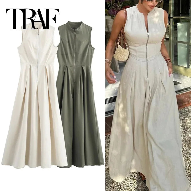 TRAF Zipper Long Dress Woman Pleated Sleeveless Bodycon Dress Summer
