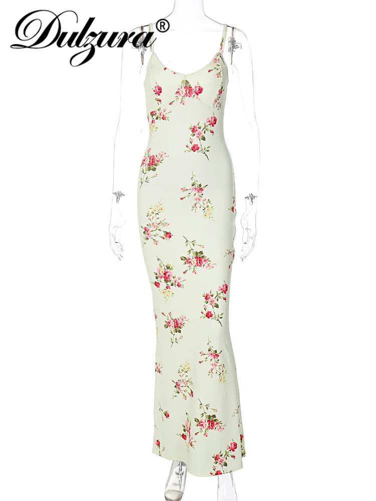 Dulzura Sexy Y2K Clothes Floral Print Sleeveless Backless Bodycon Maxi