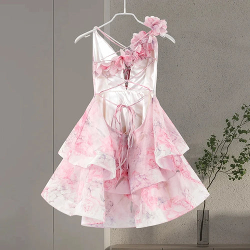 Chic Floral Printed Mini Dress Backless Sleeveless Hem Stacking