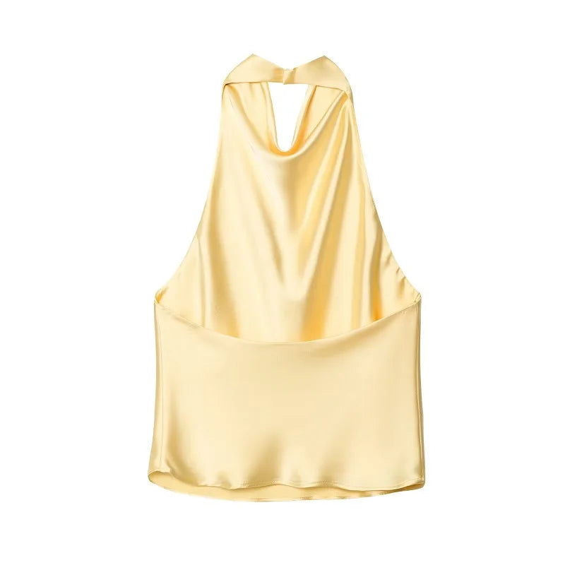 MUJER 2025 Halter Tops for Women Black Satin Backless Top Female Pink