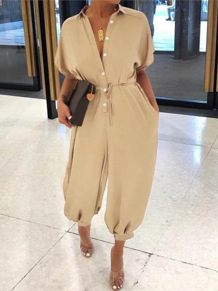 Summer Fashion V-Neck Button Lace-Up Jumpsuit Short Sleeve Loose