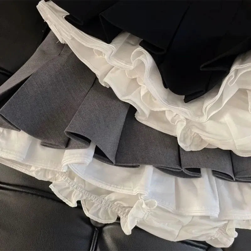 Mooyufon Ruffles Black Mini Skirt Women Korean Patchwork Pleated