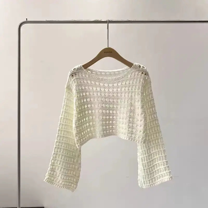 Long Sleeve Crochet Knit Top Summer Beach Bikini Cover Up Crop