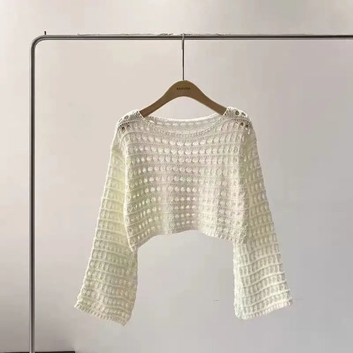 Long Sleeve Crochet Knit Top Summer Beach Bikini Cover Up Crop