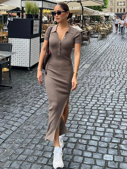 Kliou Elegant Office Lady Maxi Dress Women Solid Fashion Turn-down