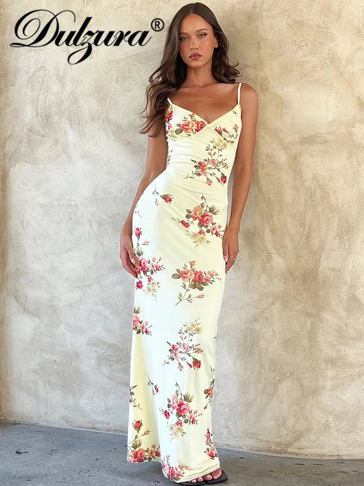 Dulzura Sexy Y2K Clothes Floral Print Sleeveless Backless Bodycon Maxi