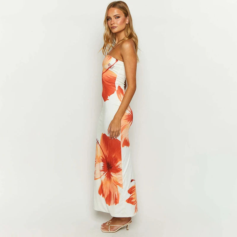 CUTENOVA Women's 2024 New Flower Printed Tubeless Dress Casual