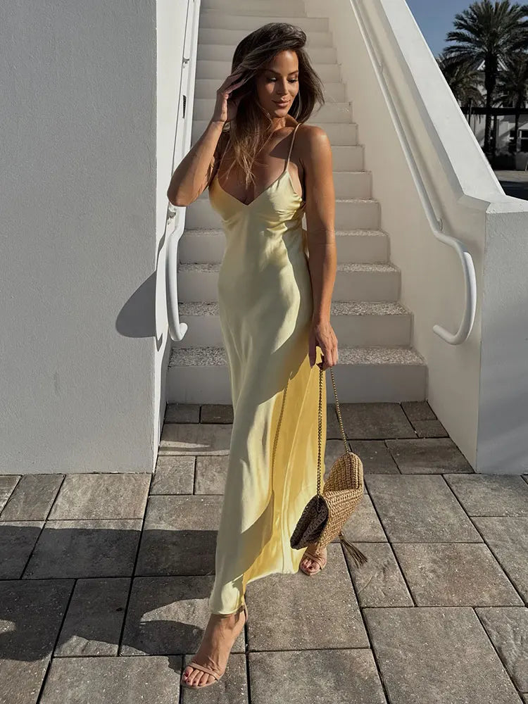 TRAFZA Women Summer Yellow Stain V Neck Sling Dress Elegant Sleeveless