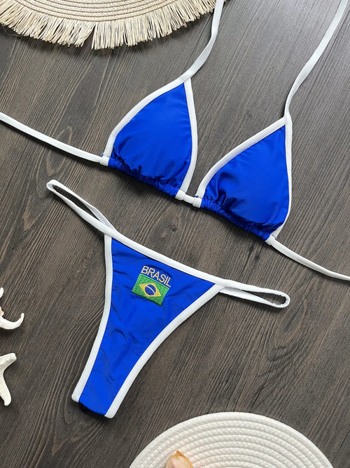 RUOTONSEPT Sexy Embroidery Brasil Flag Contrast Split Bikini Set Women