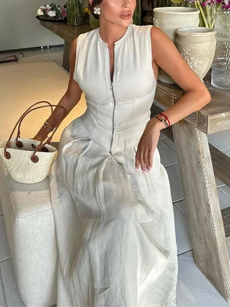 TRAF Zipper Long Dress Woman Pleated Sleeveless Bodycon Dress Summer