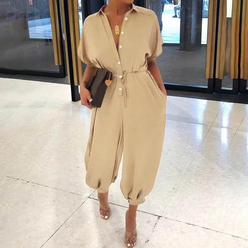 Summer Fashion V-Neck Button Lace-Up Jumpsuit Short Sleeve Loose