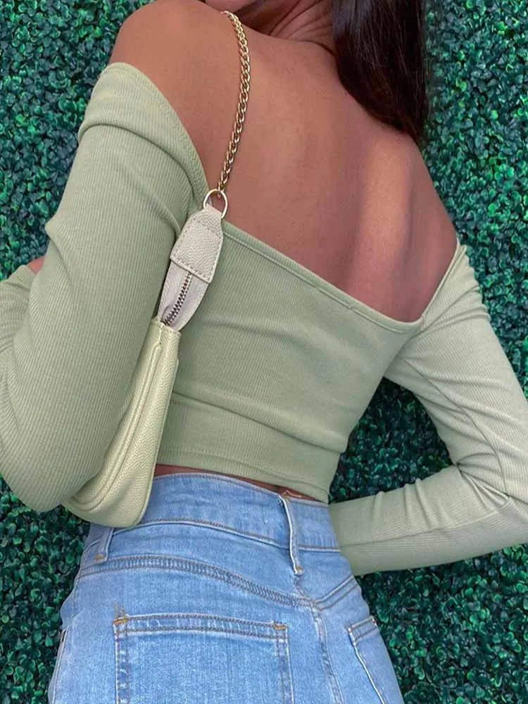 Hollow-Out V-neck Long Sleeve Crop Tops Spring Fall Casual Fashion