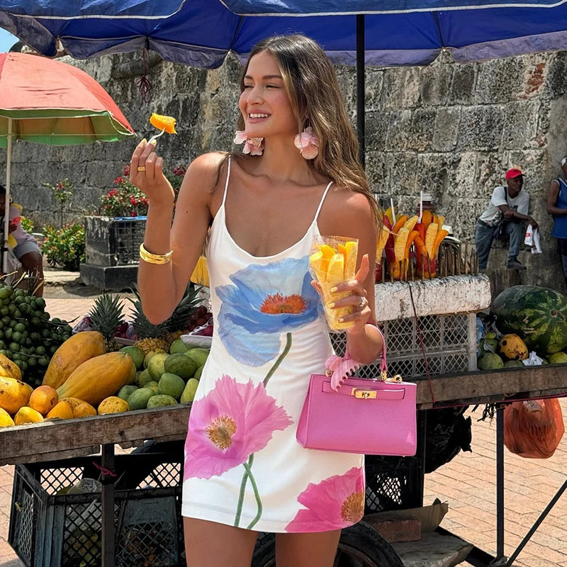 Sexy Mini Dress Women Summer New White Fashion O-Neck Streetwear Print