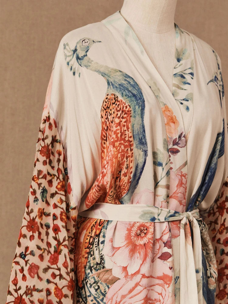 Beach Kimono for Women Peocock Printed Swimsuit Cover Up Self Belted