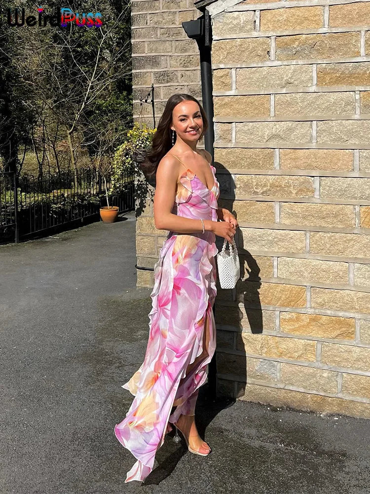 Weird Puss Flower Print Dress Woman Summer Strapless Splits Irregular